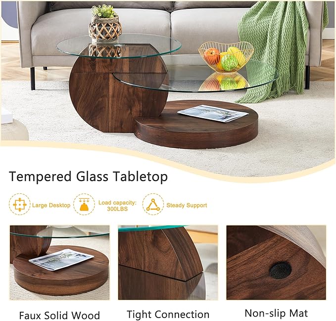 42" Glass Coffee Table, Round Coffee Table, 2-Tier Tempered Glass Tabletop with Walnut Base, Modern Center Table for Living Room, Home, Apartment, Ideal for Small Space