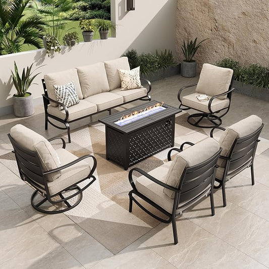 PHI VILLA Patio Conversation Set with Fire Pit, 7 Seat with 45" Firepit Table, Swivel & Fixed, Beige