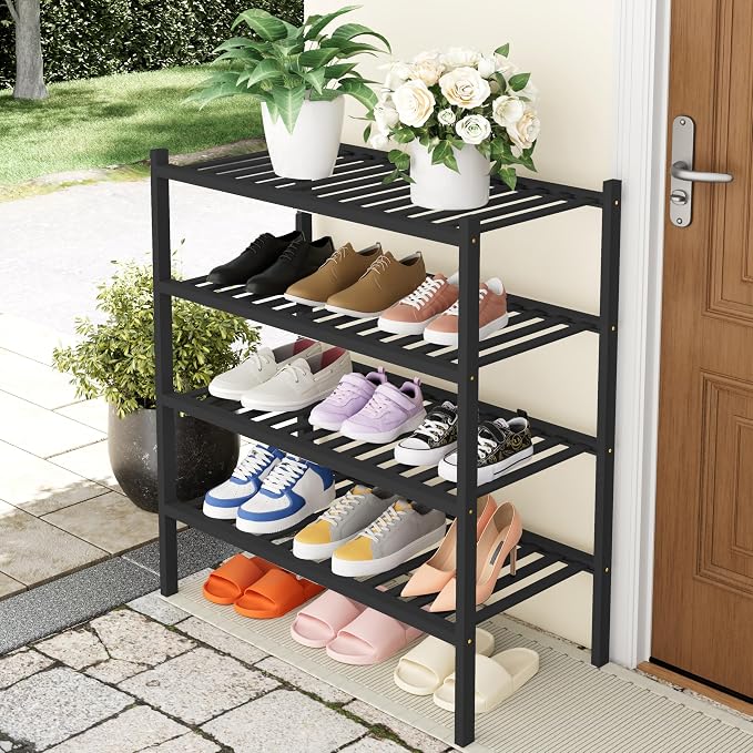 Smiry Shoe Rack, 4 Tier Thick Bamboo Shoe Organizer, Stackable Free Standing Wooden Shoe Storage Shelf for Closet, Entryway, Front Door Entrance, Black - Image 7