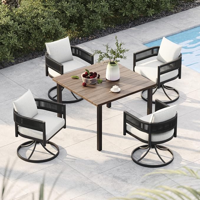 Grand patio 5-Piece Outdoor Dining Set for 4, Metal Woven Wicker Swivel Patio Chairs with Thickened Cushions & 1 Square Woodgrain Dining Table with Umbrella Hole for Backyard Deck (Black) by GrandPatio