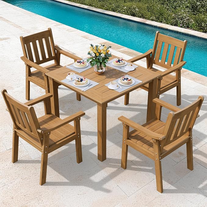 YEFU HIPS Patio Table Set: 5 Piece Outdoor Square Table and Chairs with Metal Aluminum Frame - Teak Modern Plastic Patio Dining Furniture Set 4 Person for Outside Deck by YEFU