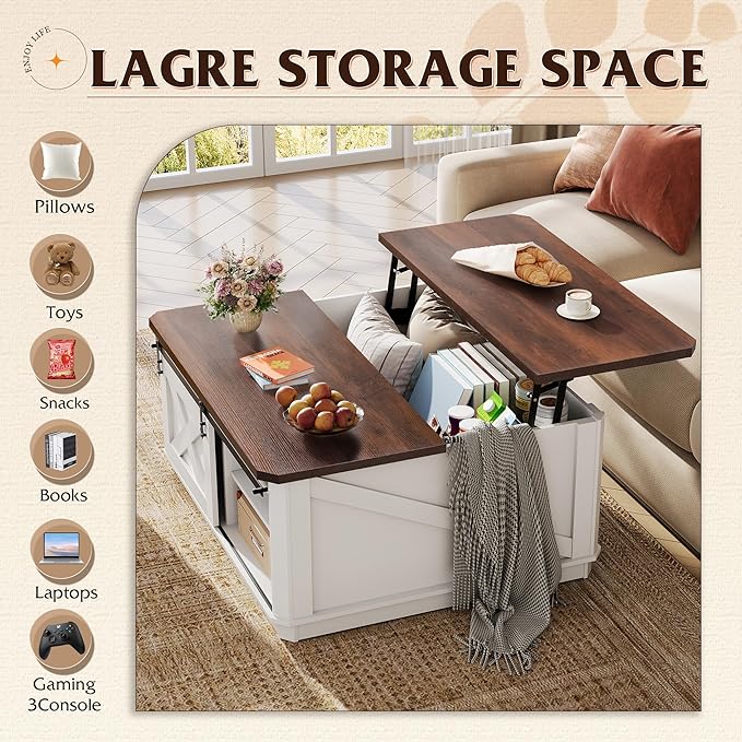 WLIVE Framhouse Coffee Table with Storage, 35.5" Lift Top Coffee Table for Living Room, Square Center Table, Rustic Cocktail Table with Sliding Barn Doors, Curevd Base, White