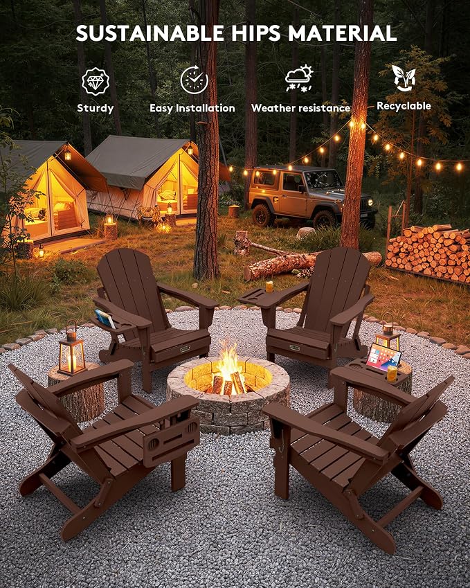 SERWALL Folding Adirondack Chair for Outdoor, Paito Adirondack Chairs with 4 in 1 Cup Holder, All-Weather Patio Chairs with Wood Texture, Fire Pit Chairs for Deck Porch Garden Poolside -Coffee - Image 9