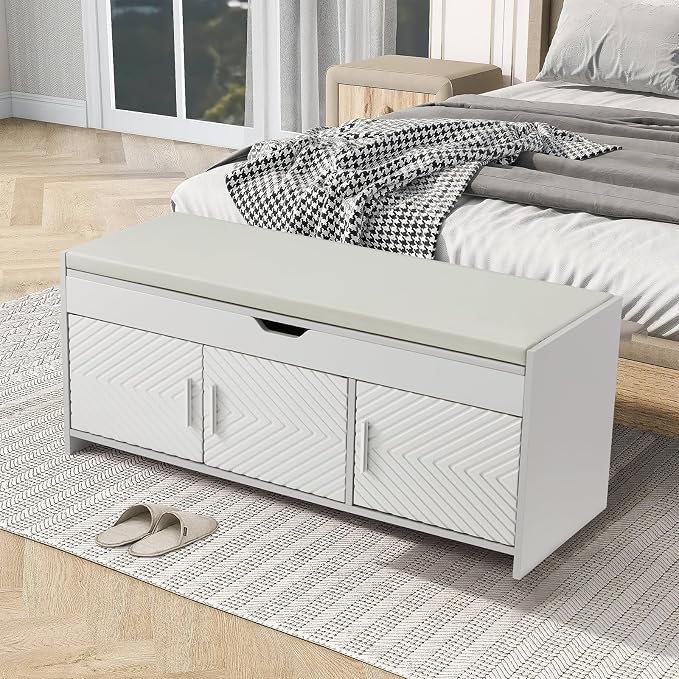ECOTOUGE Storage Bench, Shoe Bench with Lift Top Storage, Entryway Bench with Cushioned Seat, Adjustable Shelf for Living Room, Bedroom, Hallway, Light Grey - Image 7