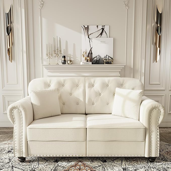 KEIKI 63" Velvet Chesterfield Sofa with Rolled Arms & Nailhead Trim & 2 Ottoman, Modern 2-Seater Button Tufted Couch with High Resilience Cushion & 2 Pillow, Easy Assembly, for Living Room, White