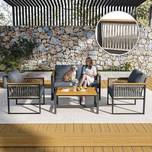 Pamapic 4 Pieces Outdoor Patio Furniture Set with Wicker Handrails, Plastic-Wood Balcony Furniture with Wicker Arm Panel, All-Weather Metal Patio Conversation Sets with Cushion and Coffee Table
