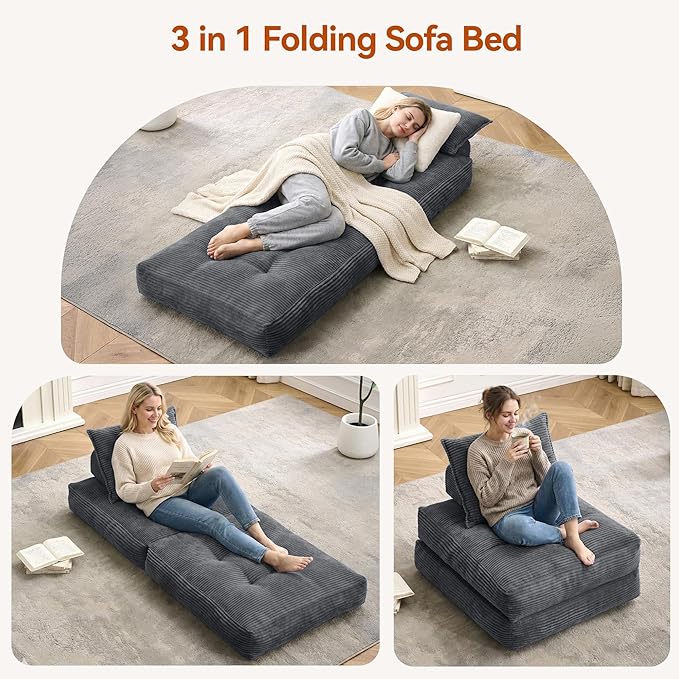 Folding Sofa Bed, Fold Out Chair Bed with Pillow, Convertible Sleeper Chair for Living Room Bedroom Guest Room Small Spaces, Comfy Corduroy Boneless Couch Bed, Grey, Single