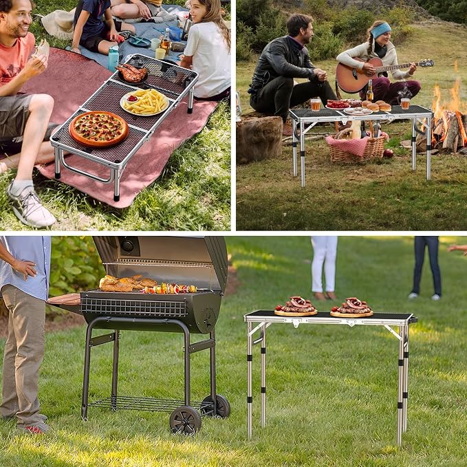 Anbte 3ft Folding Grill Table with Storage Bag, 3 Adjustable Height 27.5" Aluminum Portable Grill Table, Heat Resistant, Lightweight, Portable Handle for BBQ Cooking Camping Travel, 35" X 16", Silver - Image 8