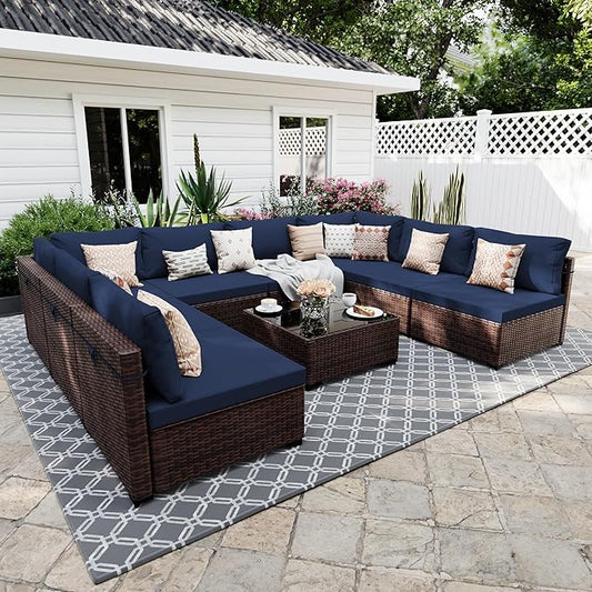 UPHA 9 Pieces Patio Furniture Sets, Wicker Outdoor Sectional Sofa Couch with Coffee Table, Patio Conversation Set for Deck Backyard Garden, Brown Rattan, Navy Blue Cushion