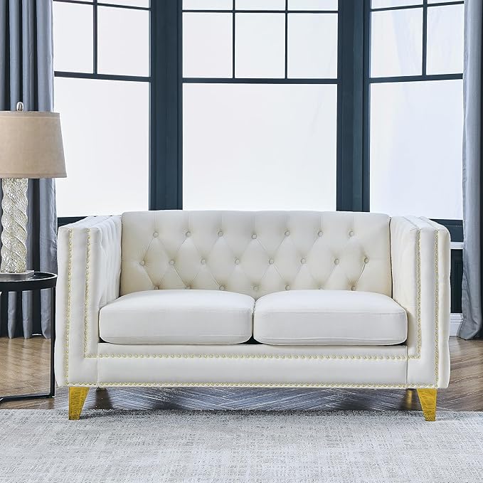 KEIKI Tufted Velvet 2 Seat Sofa Couch for Living Room, Buttons Tufted Square Arm Couch for Home Apartment, Beige