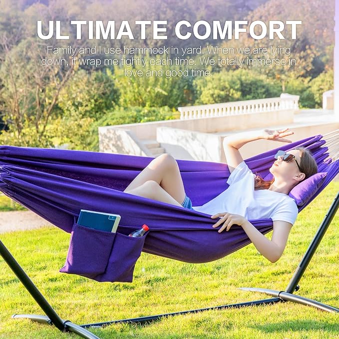 PNAEUT Double Hammocks with Stand for Outside, Portable Space Saving Heavy-Duty Steel Stand for Indoor Outdoor Patio with Carrying Bag, 450 lbs Capacity (Purple) - Image 3