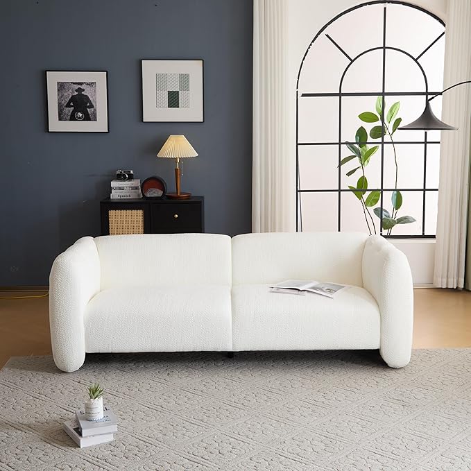 Christopher Knight Home Carine 83‘’ Sofa Couch, Cozy Boucle Fabric Upholstered 3-Seater Seating Sofa, Comfy Couches for Living Room and Office, Modern Oversized Loveseat, Curved Wave Design, White
