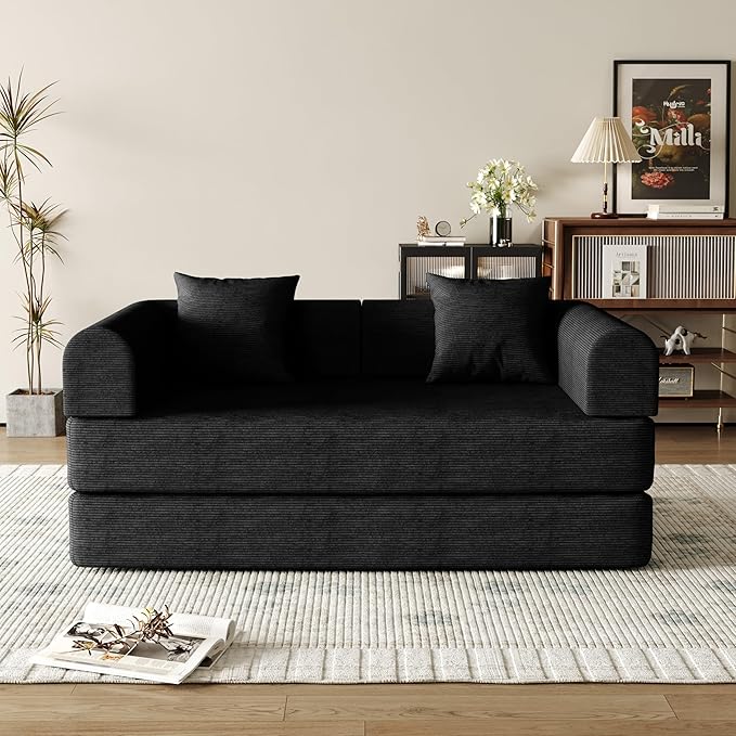 59'' Convertible Compressed Corduroy Folding Cloud Sofa Bed, Modern Boneless Pull Out Loveseat Sleeper in a Box, 4 in 1 Floor Mattress Futon Cloud Couch, No Assembly Needed, Black, 2 Pillows, Queen