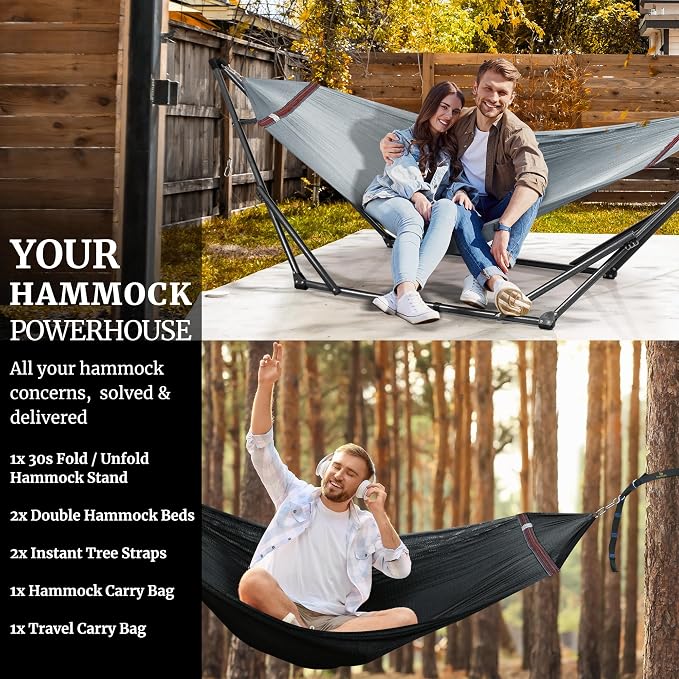 Tranquillo Combo x2 Hammocks with Stand for Outside & Tree Straps, Heavy Duty Hammock with Stand 600lbs for Indoor Outdoor Patio Backyard, x2 Hammocks for 2 Person (Combo - Grey, Medium) - Image 8