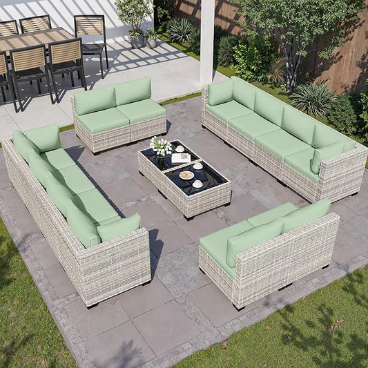 14-Piece Outdoor Patio Furniture Set, PE Wicker Rattan Sectional Sofa Conversation Set with Tempered Glass Table & Thick Cushions - All-Weather Garden, Backyard Furniture, Light Green