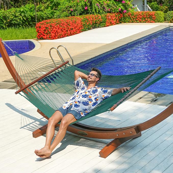 Lazy Daze Hammocks 10.5 FT Double 2 Person Caribbean Rope Hammock, Hand Woven Polyester Hammock with Spreader Bars, for Outside Outdoor Backyard Patio Poolside, 450 LBS Capacity, Green - Image 2