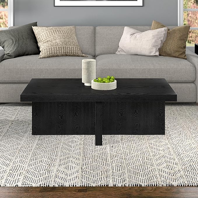 Henn&Hart 44" Fluted Rectangular Wood Pedestal Low-Profile Coffee Table with Ribbed Pedestal Base for Living Room, Family Room or Office, Natural Black