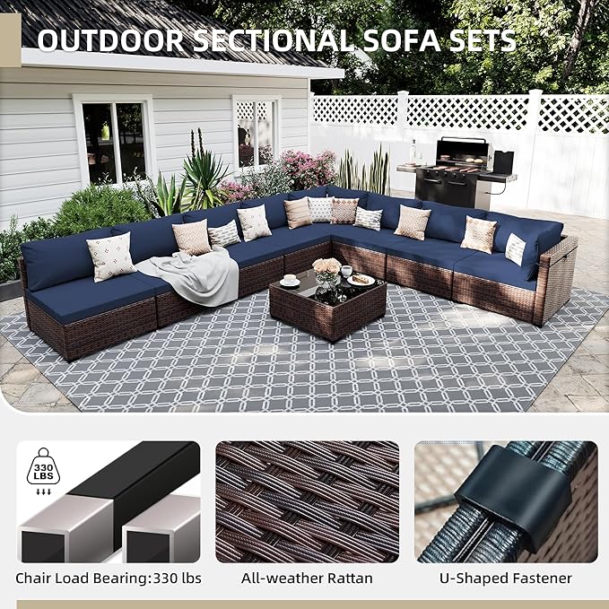 UPHA 9 Pieces Patio Furniture Sets, Wicker Outdoor Sectional Sofa Couch with Coffee Table, Patio Conversation Set for Deck Backyard Garden, Brown Rattan, Navy Blue Cushion
