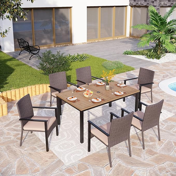 PHI VILLA 64" Rectangle Outdoor Dining Table, Patio Furniture Wood-Like Tabletop with Umbrella Hole for Patio Lawn Backyard Garden, Brown - Image 2