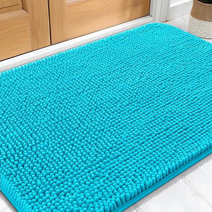 OLANLY Dog Door Mat for Muddy Paws 34x21, Absorbs Moisture and Dirt, Absorbent Non-Slip Washable Doormat, Quick Dry Chenille Mud Mat for Dogs, Entry Indoor Entryway Carpet for Inside Floor, Aqua Blue by OLANLY
