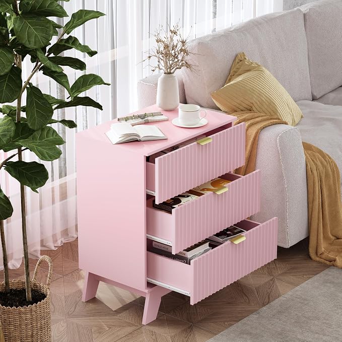 Wodeer Pink Night Stand with 3 Drawers, Bedside Table & End Table, 24" Wide Mid Century Modern Fluted Wood Nightstand with Metal Handles, Farmhouse Night Stands for Bedroom - Image 3