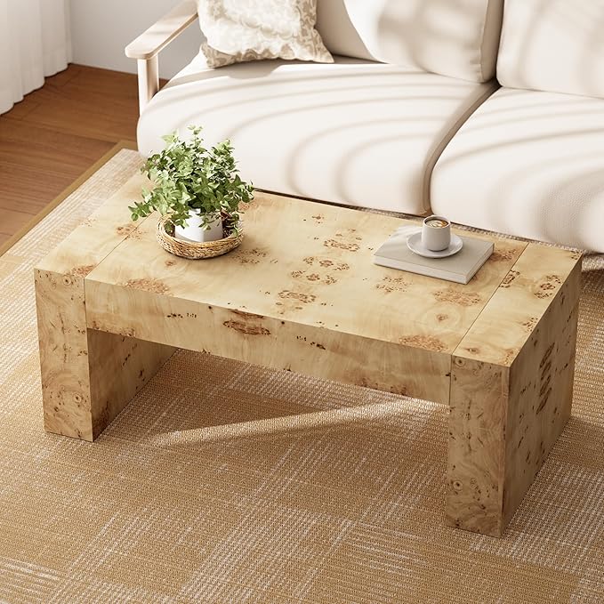COZAYH Burl Finish Modern Wood Coffee Table with Thick Legs, Rectangular Living Room Center Table, Elegant and Sturdy Design, Farmhouse Style for Home Decor, Office, Natural