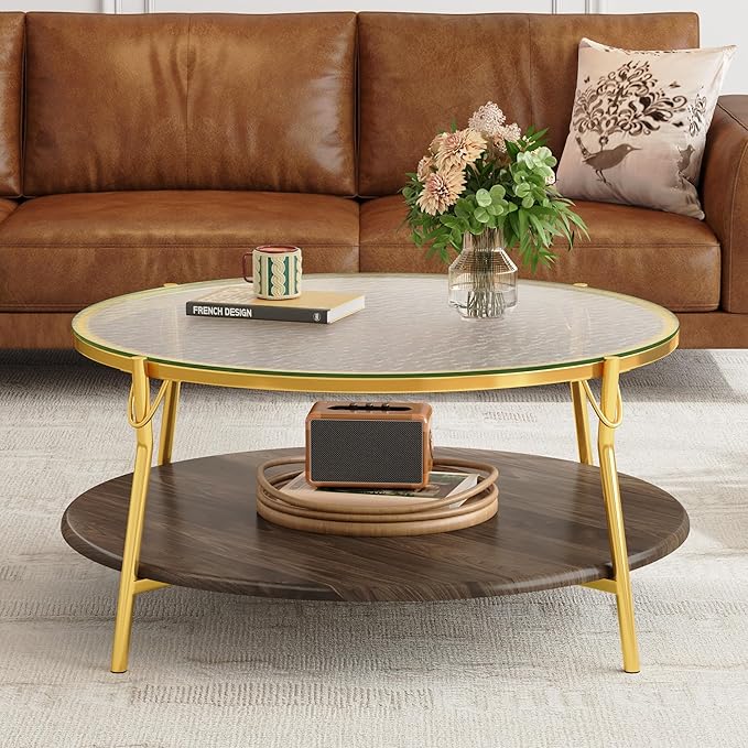 Modern Round Walnut 2-Tiered Coffee Table with Glass Top and Gold Base for Living Room, 29.9"
