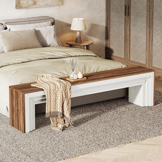 Tribesigns 71" Extra Long Entryway Bench, Modern Farmhouse Shoe Bench Wooden Indoor Seating with Layered Design for Hallway, End of Bed, Living Room, Sofa Back, Dining Room, Rustic Brown & White - Image 2