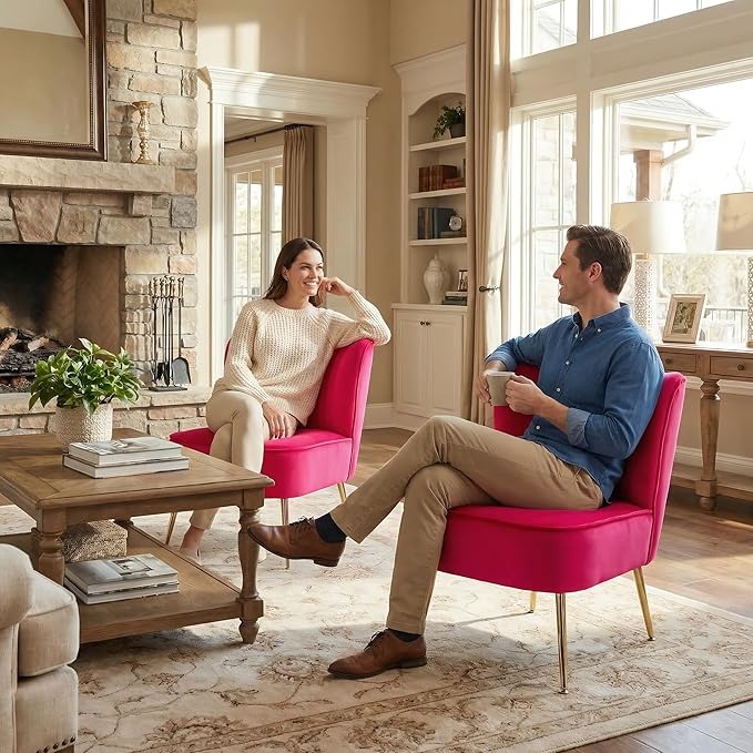 DUOMAY Modern Accent Chair Set of 2 Velvet Slipper Chair with Gold Legs Wingback Side Chair for Living Room Bedroom Entryway Small Corner Chair for Space Saving, Rose Red