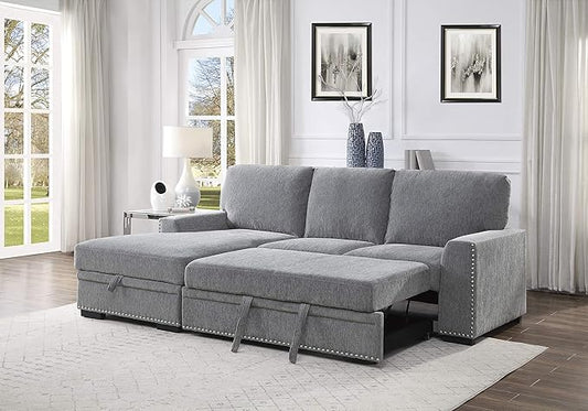 Lexicon Mid Century Modern Sectional Sleeper Sofa Bed Couch with Storage Chaise, Sectional Sofa Pull Out Couch Bed, Sectional Couch Lounge Sofa for Living Room Apartment, Left Side Chaise, Gray