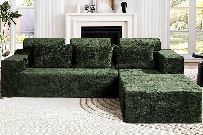 Homguava Modular Sectional Couches for Living Room,105" Cloud Couch with L-Shape Chaise,Comfy Sofa Living Room Couch with Deep Seat,No Assembly L Couch,Luxury Distressed Velvet(Green,R)