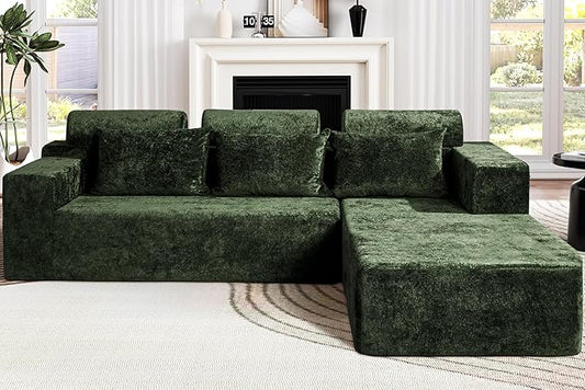 Homguava Modular Sectional Couches for Living Room,105" Cloud Couch with L-Shape Chaise,Comfy Sofa Living Room Couch with Deep Seat,No Assembly L Couch,Luxury Distressed Velvet(Green,R)