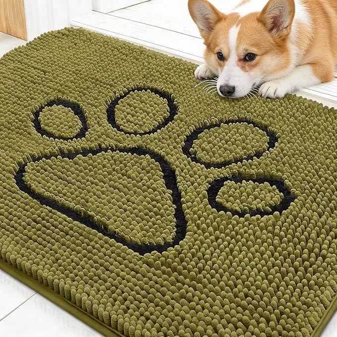 OLANLY Dog Door Mat for Muddy Paws 30x20, Paw Print Design, Absorbs Moisture and Dirt, Non-Slip Washable Doormat, Quick Dry Chenille Mud Mat for Dogs, Entry Indoor Entryway Carpet, Willow Green by OLANLY