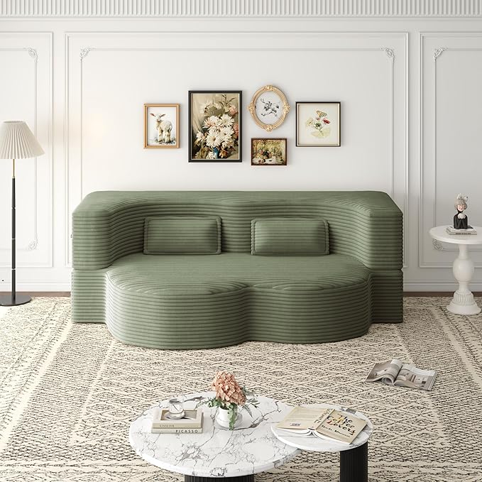 KEIKI Corduroy Floor Sofa Convertible Couch, Full Size 15" Foam Folding Mattress Sleeper Sofa Bed with 2 Pillows, Lounge Floor Couch for Bedroom & Living Room, Green