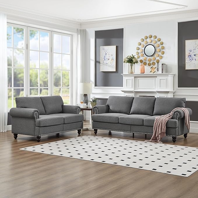2 Pieses Living Room Sofa Sets Linen Fabric Couch and Loveseat with Nailhead Decor, Soild Wood Legs, Rolled Armrests & Storage ,2PCS Sofas 3 Seaters Couch and Love Seat for Living Room Furniture Sets