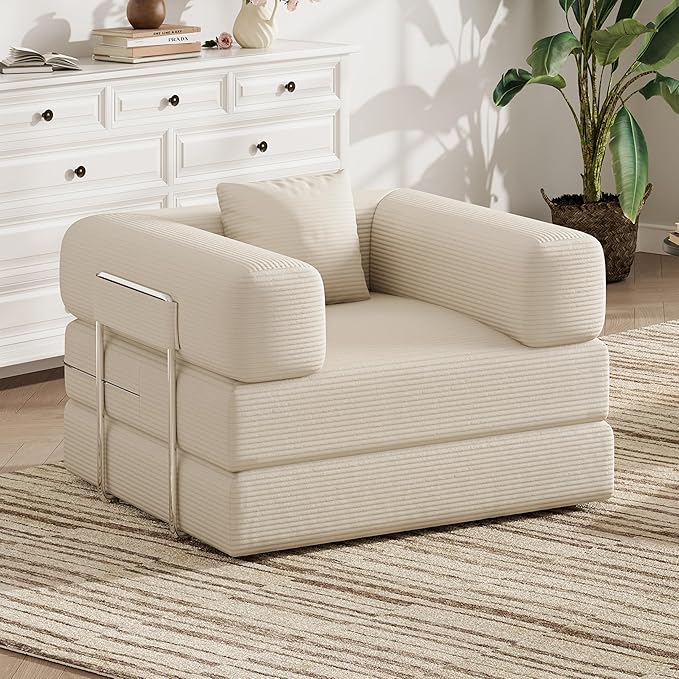 Folding Sofa Bed, 2 in 1 Convertible Sofas to Lounger Comfy Single Bean Bag Chair Floor Portable Foldable Sleeper Lazy Futon Couch Chair for Bedroom, Living Room (Beige, 35.43" Single Sofa)