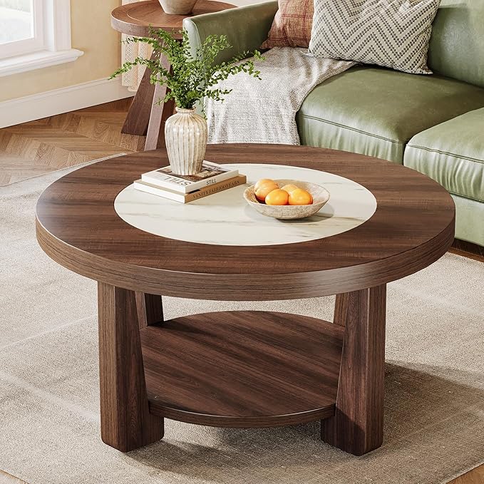 Tribesigns Coffee Table, 2-Tier Round Coffee Table with Heavy-Duty Wood Tabletop for Living Room, Industrial Circle Wood Accent Center Table with Storage, Brown and White