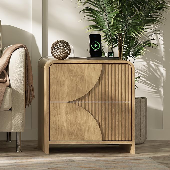 Nightstand Set of 2,Fluted Nightstand with Charging Station,20" Side Table with 2 Drawers Modern Night Stand Wooden End Table Bedside Table with Curved Design for Bedroom,Natural Oak - Image 7