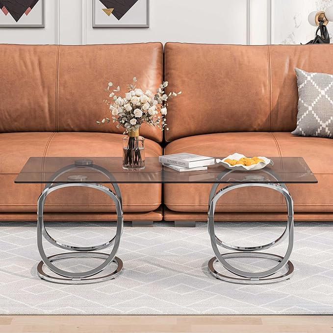 47" Rectangle Coffee Table with Tempered Glass Tabletop, Modern Chrome Ring Base, Gray, Luxury Living Room Center Table