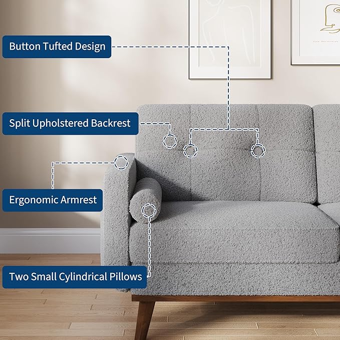 IDEALHOUSE 65" Mid Century Modern Couch Sofa Loveseat, Comfy Love Seat Couches for Living Room, 2 Seater Teddy Fleece Boucle Upholstered Deep Seat Couch for Bedroom Office Small Space, Grey