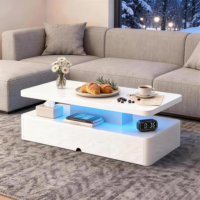 47" Modern Coffee Table with 16 Colors LED Lights, 2 Tier Rectangular Center Table with Large Storage Space, Stylish High Glossy Wooden Tea Tables for Living Room, Bedroom, Home Office, White