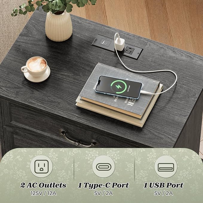 Huuger Nightstand with Charging Station, 3 Drawer Night Stand, 22 Inch Wider Side Table with Storage, Farmhouse Nightstand with Vintage Handles, Thicken Base, for Bedroom, Black - Image 4
