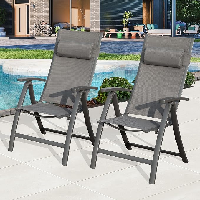 Domi Patio Folding Chairs Set of 2, Outdoor Reclining Chairs Set with Moveable Headrest, Aluminum Frame Outdoor Patio Portable Chairs with Adjustable High Backrest and Textilene Fabric Seat by domioutdoorliving