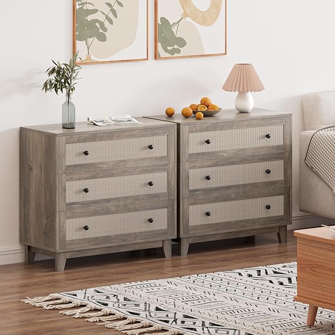 3 Drawer Dresser for Bedroom, Boho Small Natural Rattan Closet Dressers Chest of Drawers, Modern Wood Clothes Storage Organizer with Wooden Feet and Handles for Hallway, Living Room, Entryway, Grey - Image 3