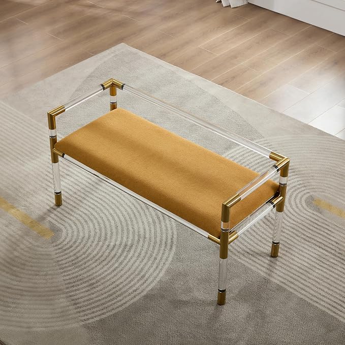 Bedroom Bench with Low Back, Acrylic and Stainless Steel Combination,Upholstered Seat(Yellow) - Image 7
