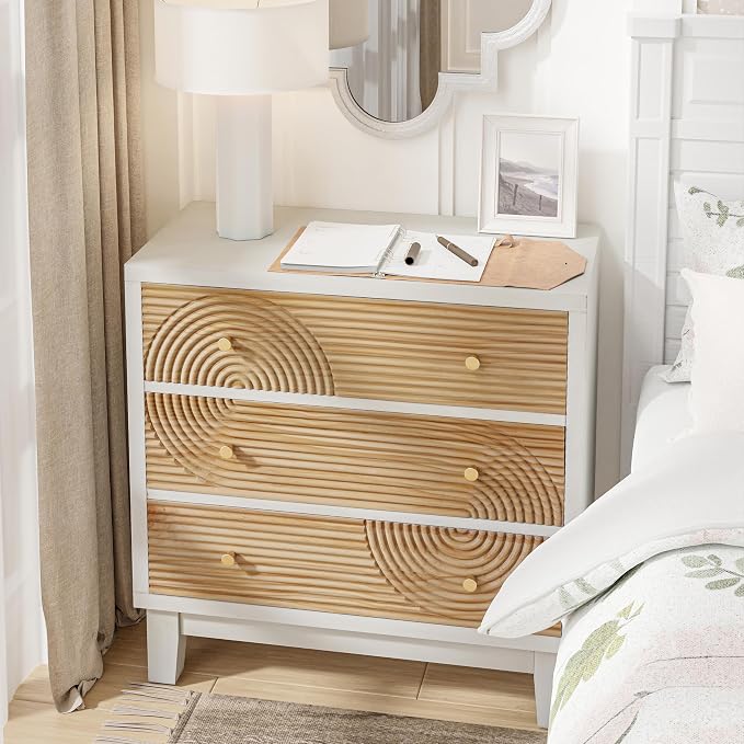 COZAYH 3-Drawer White Dresser X2 with Handicraft Wood Ring Motif, Fully Assembled Nightstand Wooden Finish for Boho, Mid-Century, Natural Wood, Rustic Style - Image 7