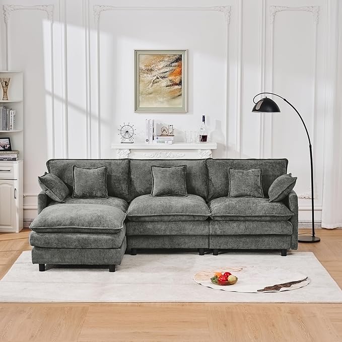 102" Modular Sectional Sofa, Premium Chenille Cloud Couch with Reversible Ottoman, L-Shaped Oversized Sofa with Side Storage Pockets for Multi-Scene Living Room & Home Office