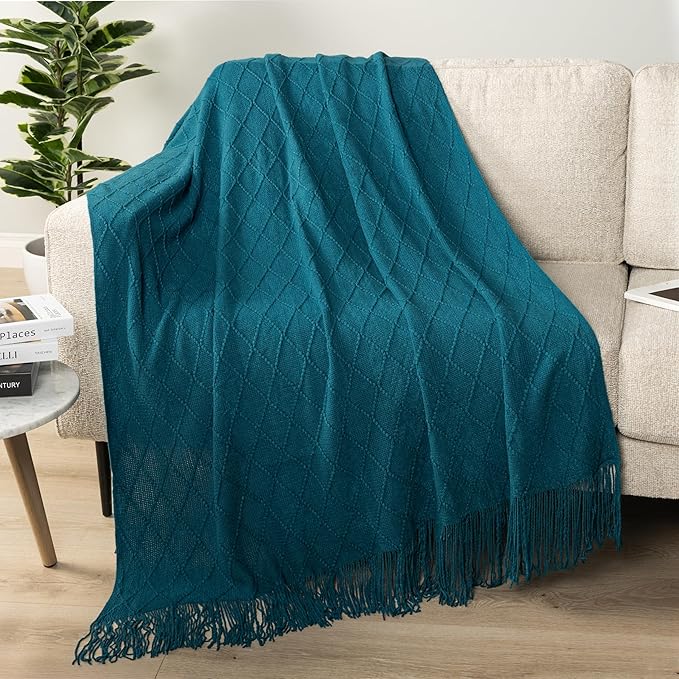 PAVILIA Teal Blue Knit Throw Blanket for Couch, Twin Bed, Soft Knitted Farmhouse Sofa Throw for Living Room, Lightweight Decorative Summer Blanket for Chair, Outdoor Textured Boho Blanket, 60x80
