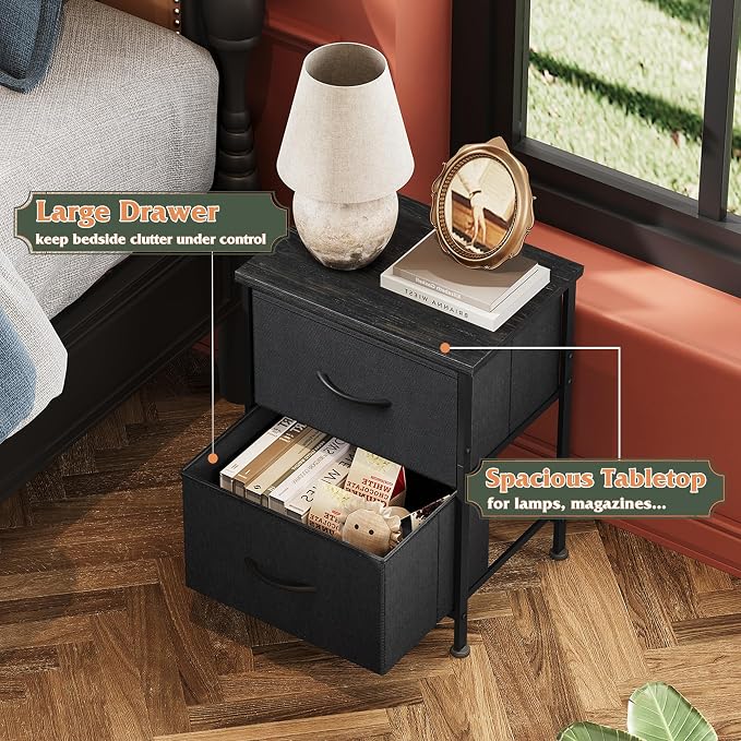 WLIVE Black Night Stand, Small Dresser with 2 Drawers & Wooden Top, Nightstand with Fabric Bins, Bedside Table End Table for Bedroom, Closet, Entryway, College Dorm, Charcoal Black - Image 4