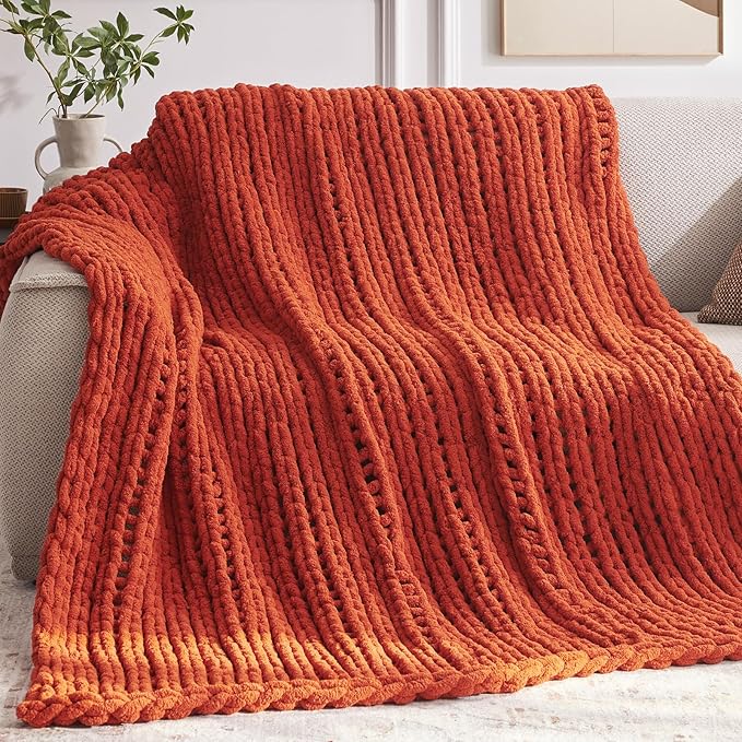 Negwoo Chunky Knit Throw Blanket, 30''*40'' Fall Throw Blanket Knitted Chenille Yarn for Bed Couch, Handmade Orange Crochet Big Thick Blanket, Machine Washable Cute Comfy Blankets for Home Decor